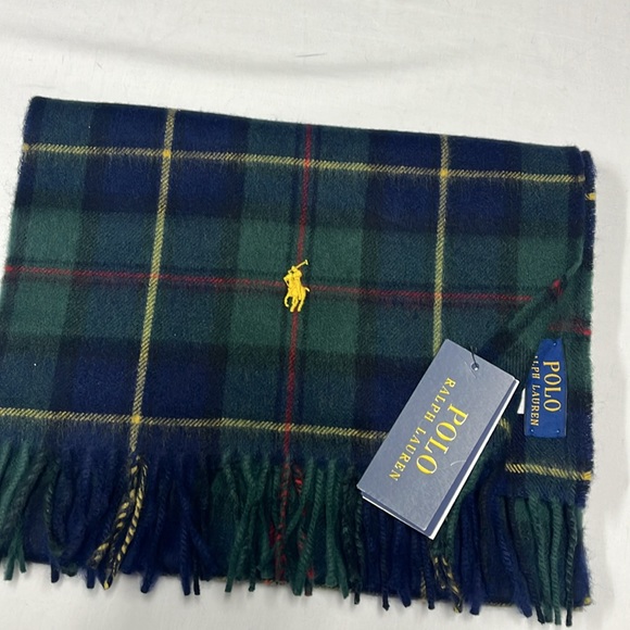Polo Ralph Lauren Pony tartan check-pattern scarf 90% wool 10% cashmere M in UK - Picture 10 of 12
